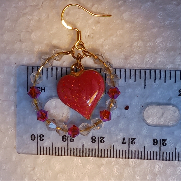 Earrings Pink Enameled Heart charm, clear and pink crystals on  gold-plate wires - Picture 2 of 6